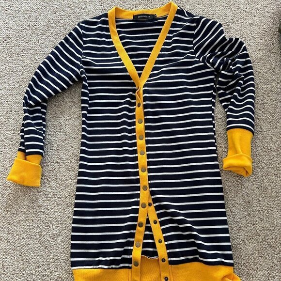 š Buy 2 Get 1 Free Merokeety S Blue Striped Long Cardigan Yellow Preppy Classic - Picture 2 of 7